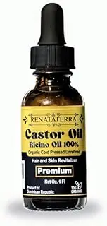 Renataterra Aceite de Ricino Dominicano prensado en frio 1 oz - para el crecimiento del cabello, el rostro, el cuero cabelludo, cejas y pestañas más gruesas., ambar