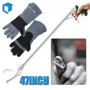 47" Snake Tongs Catcher & Leather Bite Proof Gloves Animal Handling Protector