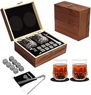 Sherum Sculpture Set, SheremArt Sculpture Set, with 2 Whiskey Glasses and 6 Stainless Steel Ice Rocks with Wooden Gift Box, Old Fashioned 200ml Whiskey Glasses, Gifts for Dad Husband (C)