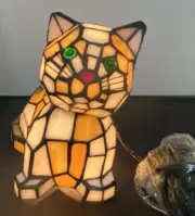 NEW Vintage Stained Glass Bobble Head Kitty Cat Night Light Lamp Green Eyes