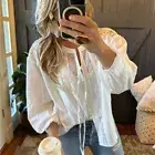 M New White Lace Feminine Casual Button Front V-Neck Top Blouse Womens MEDIUM