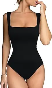 [Meyeeka] Women's Seamless Bodysuit Square Neck Sleeveless Tapered Shoulder Straps Tank Tops Summer