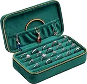 COWFEX Velvet Multiple Ring Box Jewelry Organizer Display Tray with Zipper Around Earring Holder Case for Wedding Birthday (Green)