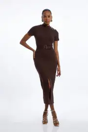 Belted Detail Ponte Jersey Short Sleeve Midi Dress