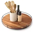 18"Acacia Wood Lazy Susan Turntable with Metal Frame for Table Top FREE SHIPPING