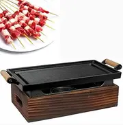 Portable BBQ Grill Tabletop Alcohol Stove, Hotel Japanese Style Barbecue Plate Charcoal Grill, Dining Table-top Hibachi with Wooden Base,32x18x16cm