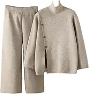 [Generic] Women Button Split Turtleneck Pullover Top Elastic Waist Wide Leg Pant Matching Sets Loungewear Outfits Jogging Outfits