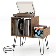 Costway Record Player Stand Turntable Stand w/Power Outlet & Display Shelf End Side Table Rustic Brown