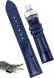 [vinacreations] 19mm Blue Alligator Belly Leather Watch Band Deployment Clasp Men Quick Release Crocodile Exotic Replacement Wristwatch Strap Premium Handmade DH-04D-S-19MM