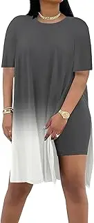 [AOMONI] Plus Size Two Piece Outfits For Women Summer Casual Tracksuit Side Split Short Sleeve Tunic Tops Shorts Sets Dark Gray Gradient L, 1-gradient Grey, Large