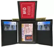 BLACK RFID BLOCKING MENS GENUINE LEATHER THIN TRIFOLD FLAP TOP 2 ID WALLET