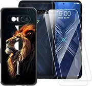 ESACMOT Lion Pattern Case Compatible with Xiaomi Black Shark 4 + [2 Pack] Screen Protector Tempered Glass, Shockproof Case Cover for Xiaomi Black Shark 4 Pro (6.67 inch)