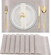 Winknowl Placemats Set of 8, Heat Resistant Stain Resistant Non-Slip Woven Vinyl Insulation Placemats, Washable Durable Elegant Table Mats for Dining (Beige White)