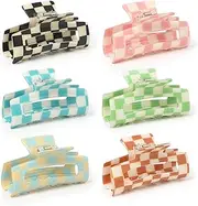 Paderison 6 Pack Checkered Hair Claw Clips Multicolored Rectangle Hair Clips Strong Hold Claw Clips Nonslip Y2K Hair Barrettes Hair Styling Accessories for Women Girls Long Short Thin Thick Hair