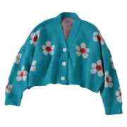 Nevenka Womens Flower Cardigan V Neck Button Down Open Front Sweater-LightBlue