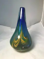 Hand Blown Glass Vase - Blue, Green, White, Yellow Swirls