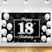18th Happy Birthday Backdrop Banner,18th Birthday Decorations for Boys Girls Black Silver Birthday Backdrop Banner Party Decor for Anniversary Birthday Photo Booth Background Decoration