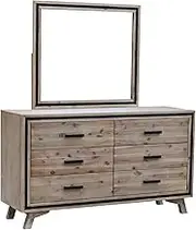 Dresser with 6 Storage Drawers in Solid Acacia with Mirror in Silver Brush Colour