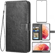 [Asuwish] Compatible with Samsung Galaxy S21 Glaxay S 21 5G 6.2 inch Wallet Case Tempered Glass Screen Protector and Leather Flip Card Holder Stand Cell Accessories Phone Cases for Gaxaly 21S G5 Black