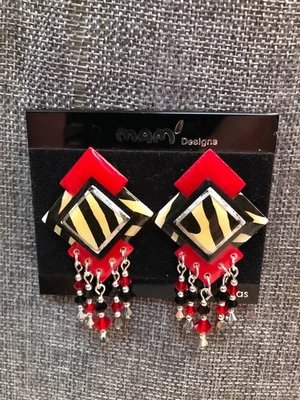 Vtg Dsgn Mam' Collectors Red/Blk/Crm Zebra Mix "Kiki's" W/Jewels Clip Earrings