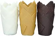 QLSmypkg Large Greaseproof paper Wrappers Muffin Baking cupcake cups liners, 2-1/4" x 4" Natural,Brown,White 3 colours in a box Tulip Baking Cups Holders 125 pcs (Large) (125, Multi 3)