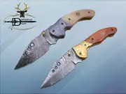 Damascus folding camping knife, 7.5" Various scales available, Leather sheath