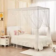 White Shiny Bed Canopy with Lights for Girls Kids, 4 Corner Post Moon Stars S...