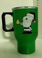 Snoopy Peanuts Christmas Travel Cup Mug Insulated Green w Lid Coffee Beverage