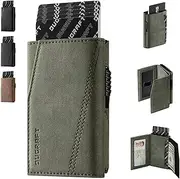 [DUGRAFT] Credit Card Holder Wallet with ID Window, Leather RFID Blocking Slim Minimalist Pop Up Aluminum Metal Card Wallet for Men with Banknote Compartment, Green
