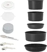 RIOVARM 16pcs Pots and Pans Set Nonstick, Kitchen Cookware Sets Detachable Handle, Induction Cookware Set with Removable Handle, Stackable RV Cookware, Oven Safe, Black
