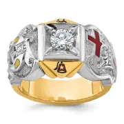 14k Two-tone Gold Men's Polished and Textured with Multi-color Enamel and Diamond Knights Templar Masonic Shriner's Ring