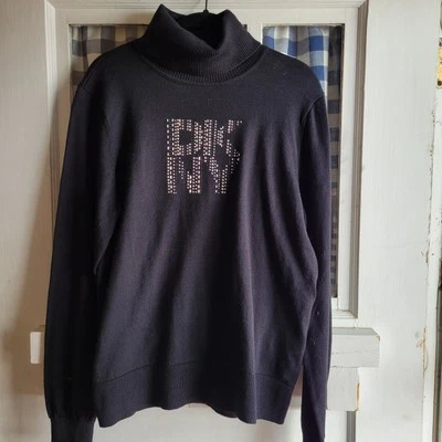 NWT DKNY Women`s Black Logo Turtleneck Long Sleeve Pullover Sweater Size Large