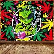 Wathon Trippy Weed Marijuana Tapestry Cool Alien Marijuana Leaf Wall Tapestry for Bedroom, Psychedelic Tie Dye Stoner Tapestries for Men Aesthetic Hippie Wall Art Poster for Dorm Home Decor 90X70IN