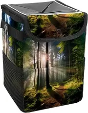 Car Trash Can with Lid and Storage Pockets Leak-Proof Organizer,Waterproof Garbage Can,Forest Trees Nature Sunlight
