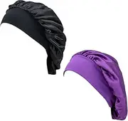 UTSAUTO 2 Pieces Large Satin Sleep Bonnet for Curly Hair, Elastic Wide Band Night Sleeping Caps Hair Bonnet for Women, Black+Purple