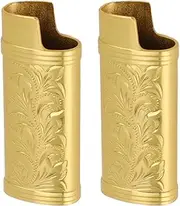 [Jiawu] 2pcs Metal Lighter Case Cover Holder, Vintage Floral Stamped for BIC Mini Size Lighter Case Sleeve Holder Cover, Zinc Alloy Retro Flower Pattern for Travel Bar Family Supplies (Gold)