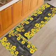 PCSWEET HOME Non-Slip Absorbent Kitchen Floor Mat for Standing, Sunflower Kitchen Runner Rug, Kitchen Floor Mats for Front of Sink, Laundry Room, Hallway (Yellow, 40x60cm + 40x120cm)