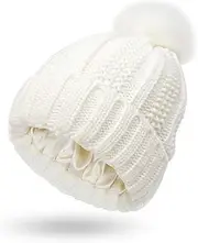 [Bcenoilua] Women's Winter Hat Warm Knitted Hat with Faux Fur Bobble Knitted Hat Satin Lined Thick Ear Protection Knitted Beanie
