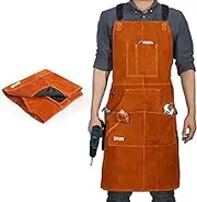 QeeLink Leather Welding Work Apron with 6 Tool Pockets, Heat & Flame Resistant Apron, 24" x 36", Adjustable M to XXXL