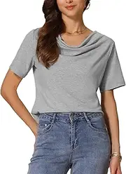 [Allegra K] Women's Cowl Neck Top Short Sleeve Casual Stretchy Blouse Shirts