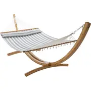 12 ft Natural Wooden Arc Hammock Stand & King Quilted Hammock in Stone Stripe
