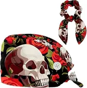 [FVQL] Set of 1 Bouffant Caps with Hair Scrunchy, Scrub Caps Women, Halloween Skull and Rose Flower