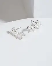 Silver Cubic Zirconia Crystal Leaves Stud Earrings