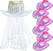 [Hercicy] 7 Pcs Neon Sparkly Glitter Space Cowboy Hat, 1 Western Bride to Be Cowgirl Hat with Veil and 6 Bridesmaids Cowgirl Cap Metallic Holographic for Bachelorette Bride Disco Party Outfit Supplies