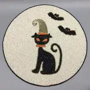 Cynthia Rowley Halloween Beaded Retro Witch Black Cat Bats Placemat Centerpiece