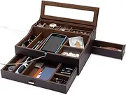 [HOUNDSBAY] Men's Valet Box Organizer, Large Leather Tray With Charging Station, Jewelry Box for EDC Accessories, Nightstand Bedside Dresser Top