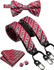 [Dubulle] Christmas Suspender and Bow Ties for Men Silk Xmas Color Brace with Pocket Square Cufflinks Set Party