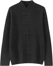 [Generic] Men's Button-Up Sweater Fashion Chinese Style Mock Neck Knitted Cardigans 100% Merino Wool Knitwear Tops