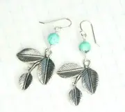 Variscite Light Green Gemstone Earrings Pewter Leaves .925 Sterling Silver Hooks