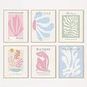 Henri Matisse Wall Art Prints Pink Blue Canvas Wall Decor Aesthetic Abstract Pictures Wall Art Danish Pastel Painting Henri Matisse Poster Trendy Plant Artwork for Bedroom 12x16 Inch Unframed Set of 6
